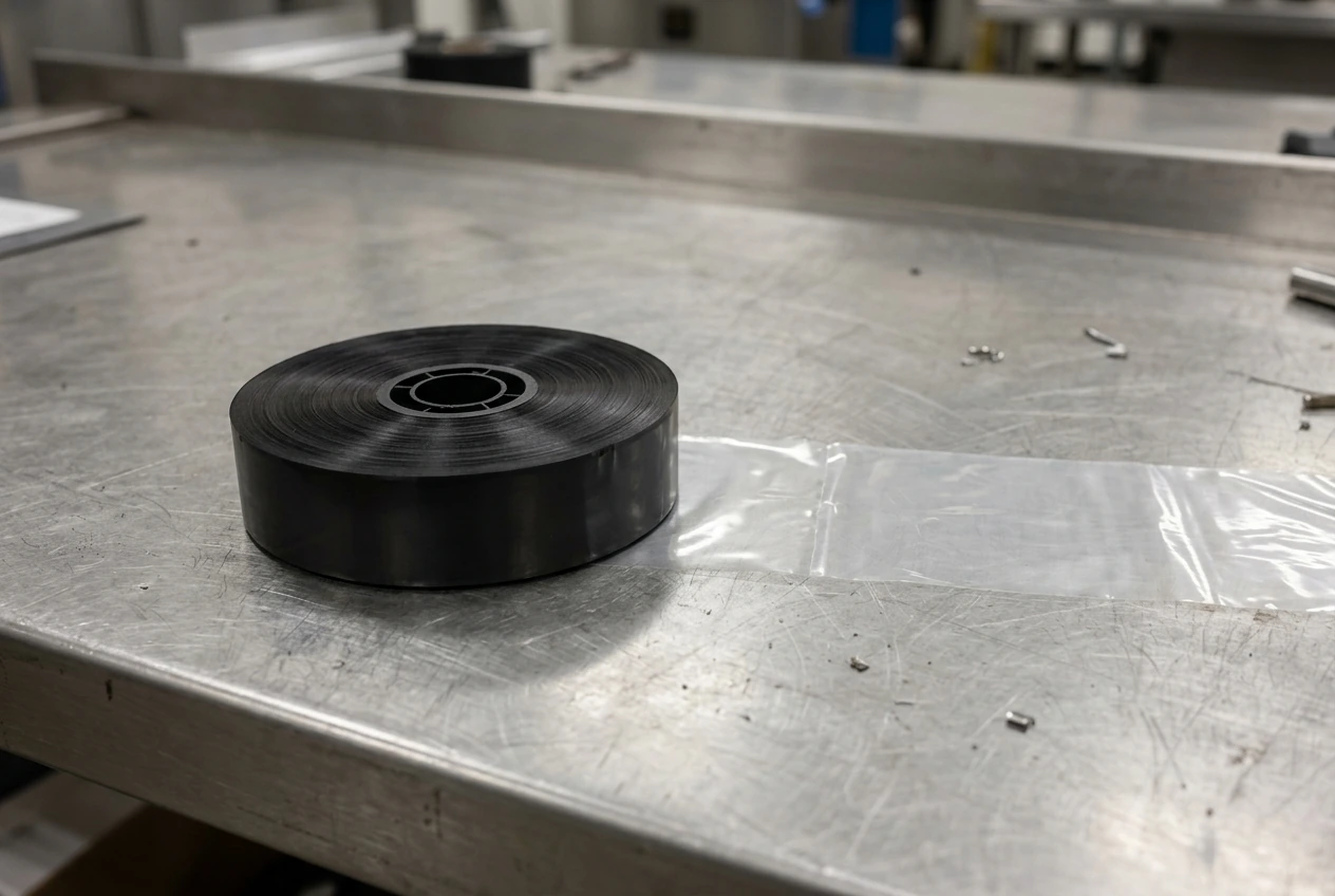 Black ribbon reel beside a strip of clear packaging film